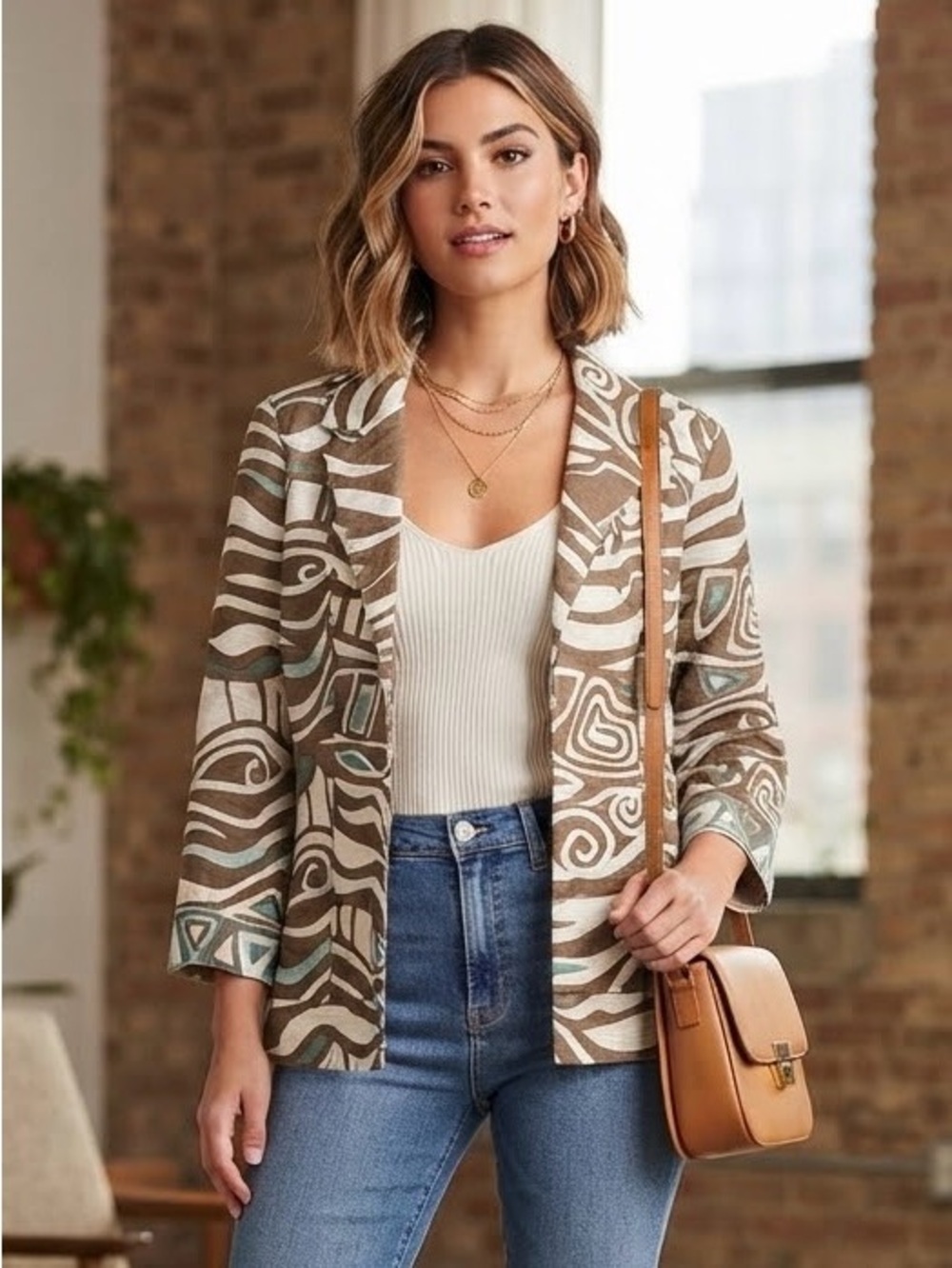 ATTITUDE Abstract Cotton Blazer Jacket Earthy Neutral Boho Brown Teal Artsy Chic